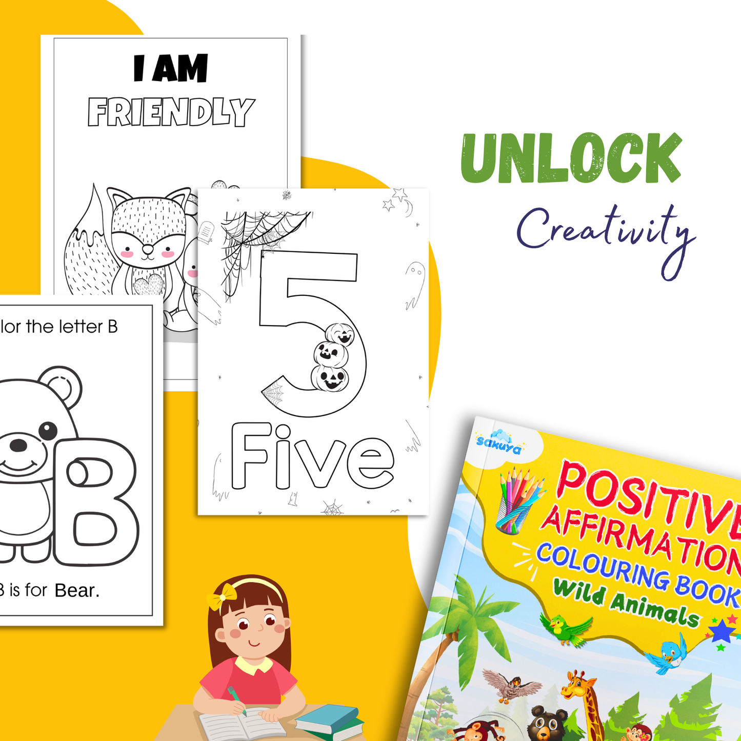 Sakuya Kids Colouring Book Set | Alphabet, Number & Animal Affirmation Colouring Books | Art and Activity Books for 3 to 12-Year-Olds | Kids Drawing Books & Colouring Kit