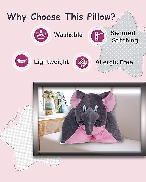 Sakuya Toys Super Soft and Huggable Stuffed Elephant Pillow, Black Polyfill & Washable - 100% Safe for Kids