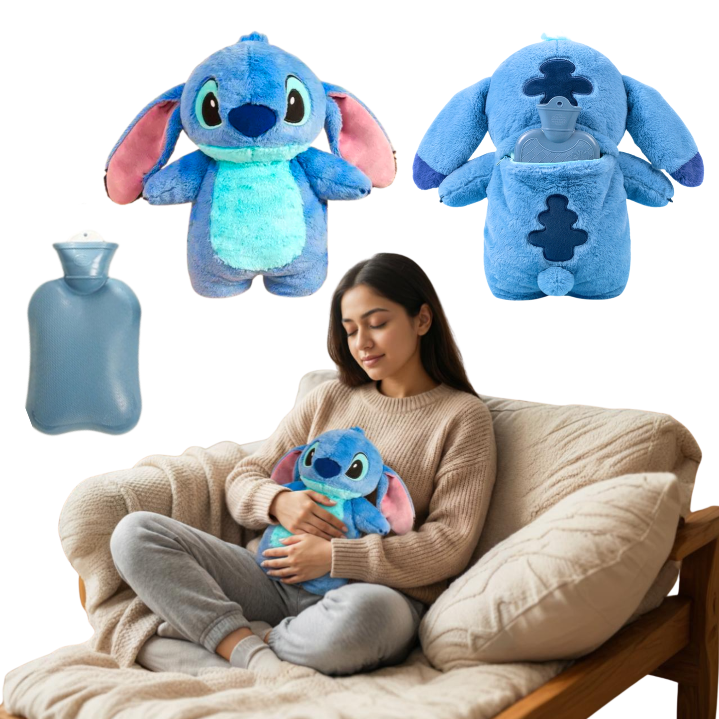 Sakuya Cute Disney Stitch Plush Hot Water Bag with Soft Cover for Pain Relief, Period Cramp Comfort, Warm Water Therapy, Muscle Relaxation, Back Pain Support, Body Aches & Everyday Heat Comfort at Home