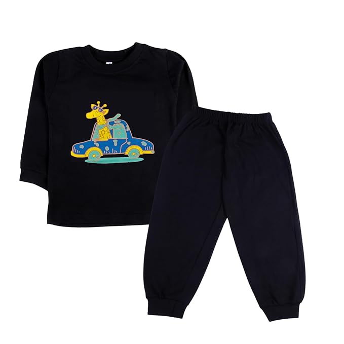 Sakuya Kids Clothing Set Night Suits Round Neck Full Sleeve T-Shirt & Pant Soft, Breathable 100% Cotton Sleepwear for Baby Boys & Girls - Pajamas Set | Unisex Kids Dress Sleepsuits Pack of 1, Black