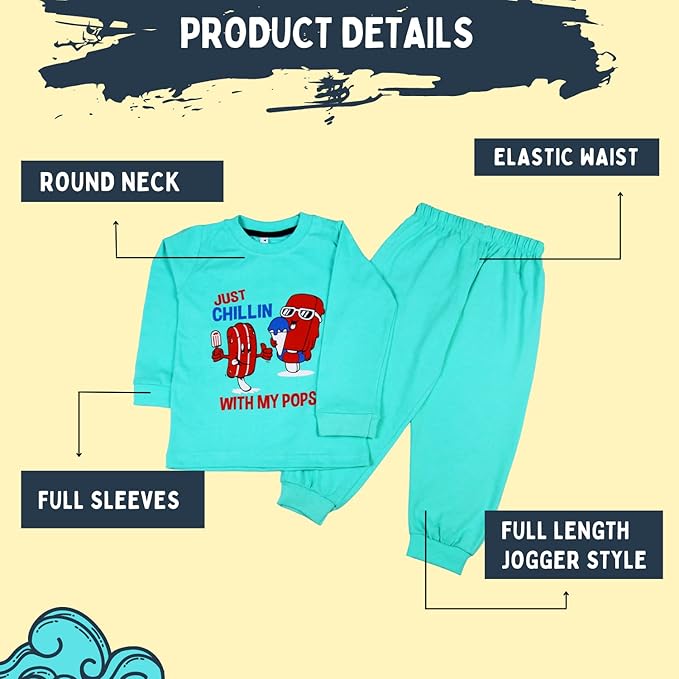 Sakuya Kids Clothing Set Night Suits Round Neck Full Sleeve T-Shirt & Pant Soft, Breathable 100% Cotton Sleepwear for Baby Boys & Girls - Pajamas Set | Unisex Kids Dress Sleepsuits Pack of 1, Blue