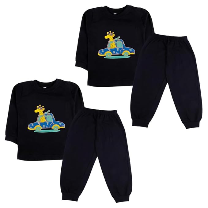 Sakuya Kids Cotton T -Shirt & Pant Set for Boys & Girls (Pack of 2)- Fun Cartoon Print Breathable Cotton Full Sleeve Unisex Kids Clothing Set - Nightwear coord Set-Black