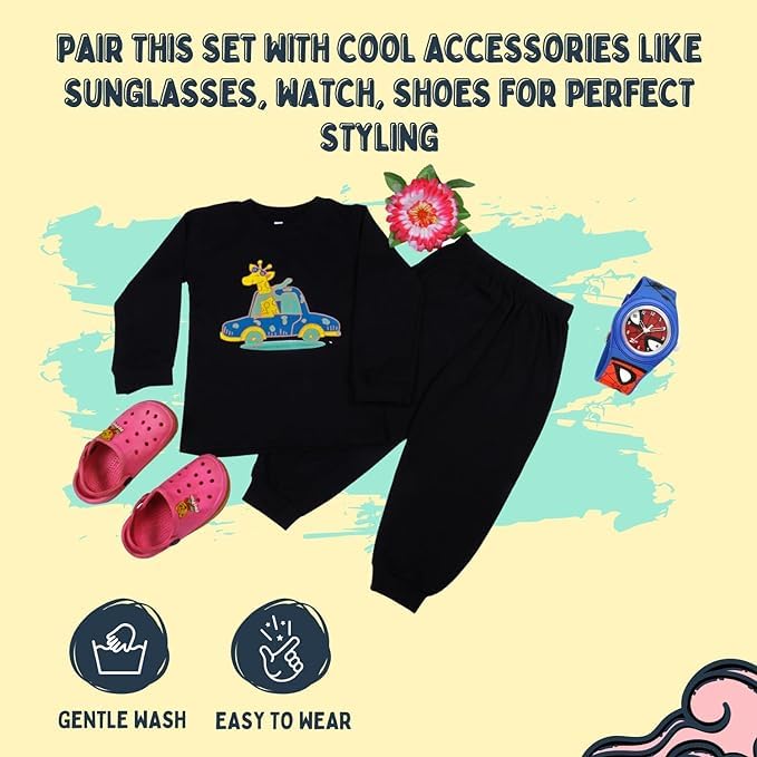 Sakuya Kids Cotton T -Shirt & Pant Set for Boys & Girls (Pack of 2)- Fun Cartoon Print Breathable Cotton Full Sleeve Unisex Kids Clothing Set - Nightwear coord Set-Black