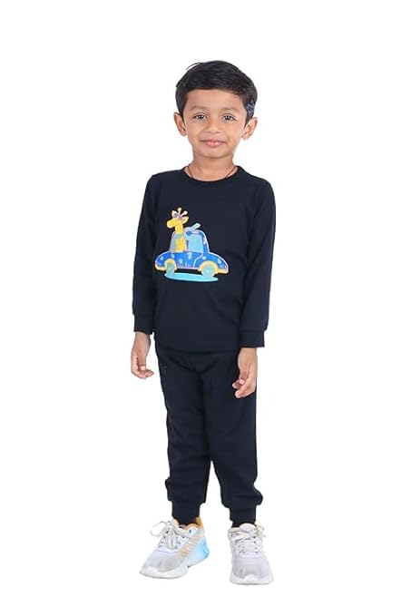 Sakuya Kids Cotton T -Shirt & Pant Set for Boys & Girls (Pack of 2)- Fun Cartoon Print Breathable Cotton Full Sleeve Unisex Kids Clothing Set - Nightwear coord Set-Black