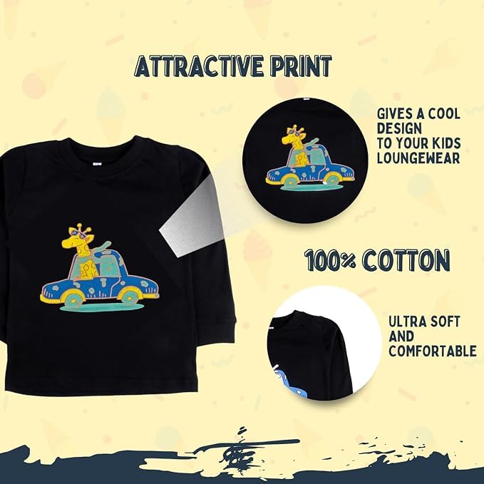 Sakuya Kids Cotton T -Shirt & Pant Set for Boys & Girls (Pack of 2)- Fun Cartoon Print Breathable Cotton Full Sleeve Unisex Kids Clothing Set - Nightwear coord Set-Black