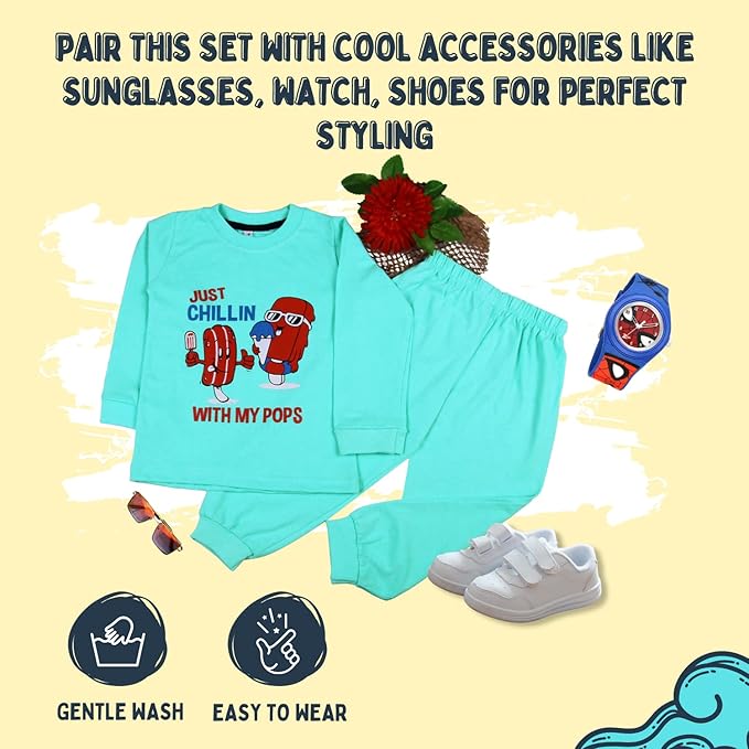 Sakuya Kids Clothing Set Night Suits Round Neck Full Sleeve T-Shirt & Pant Soft, Breathable 100% Cotton Sleepwear for Baby Boys & Girls - Pajamas Set | Unisex Kids Dress Sleepsuits Pack of 1, Blue