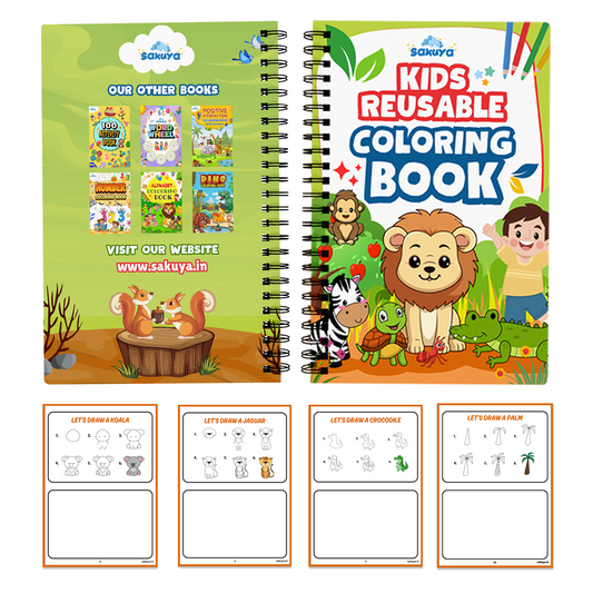 Sakuya Reusable Coloring Book for Kids with Erasable Pages, Thick Laminated Activity Book for Endless Creativity, Ideal for Learning, Travel & Fun, Enhances Fine Motor Skills & Imagination