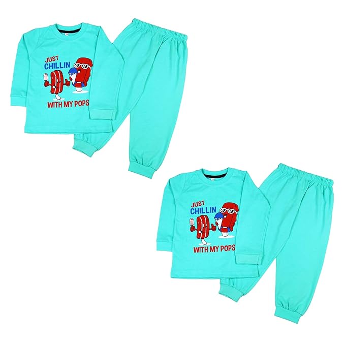 Sakuya Kids Cotton T -Shirt & Pant Set for Boys & Girls (Pack of 2)- Fun Cartoon Print Breathable Cotton Full Sleeve Unisex Kids Clothing Set - Nightwear coord Set-Blue