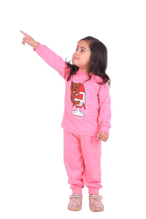Sakuya Kids Cotton T -Shirt & Pant Set for Boys & Girls (Pack of 2)- Fun Cartoon Print Breathable Cotton Full Sleeve Unisex Kids Clothing Set - Nightwear coord Set-Pink