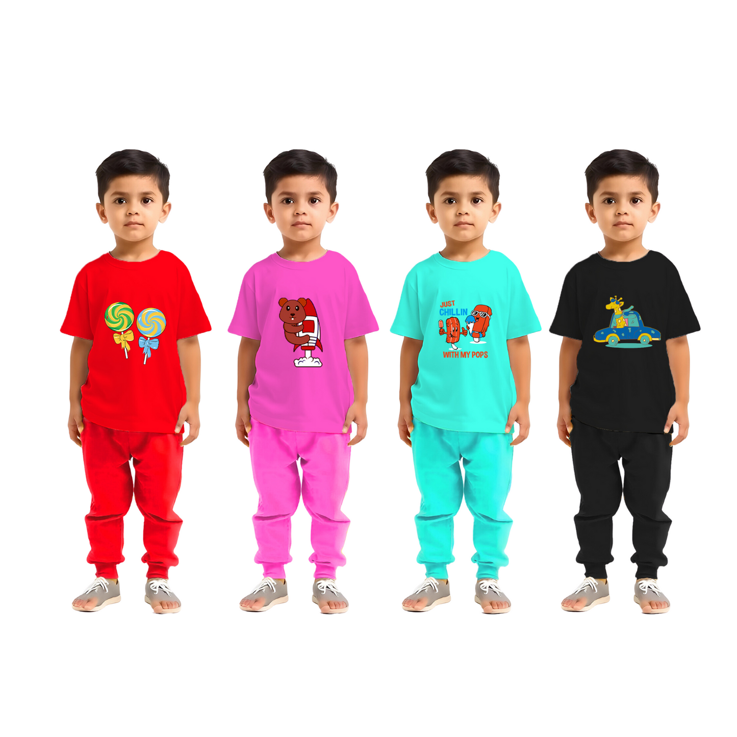 Sakuya Kids T-Shirt for Boys & Girls | Regular Fit Unisex Boy's Girl's Cotton Dress | Center Design Round Neck Tees | Full Sleeves Printed T-Shirts Pack of 4, Multicolour