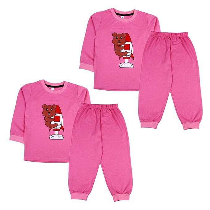 Sakuya Kids Cotton T -Shirt & Pant Set for Boys & Girls (Pack of 2)- Fun Cartoon Print Breathable Cotton Full Sleeve Unisex Kids Clothing Set - Nightwear coord Set-Pink