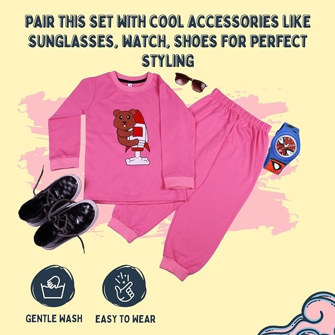 Sakuya Kids Cotton T -Shirt & Pant Set for Boys & Girls (Pack of 2)- Fun Cartoon Print Breathable Cotton Full Sleeve Unisex Kids Clothing Set - Nightwear coord Set-Pink