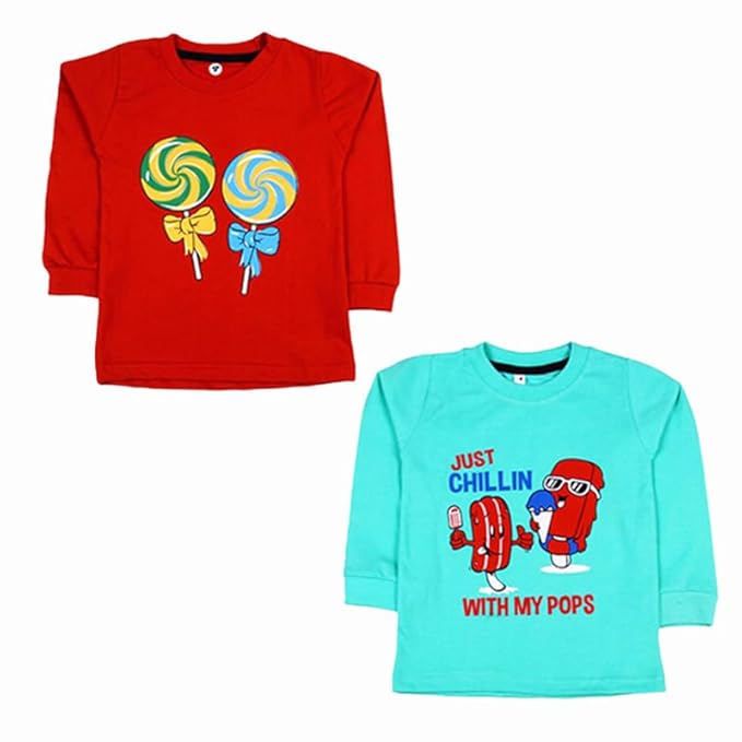 Sakuya Kids T-Shirt for Boys & Girls | Regular Fit Unisex Boy's Girl's Cotton Dress | Center Design Round Neck Tees | Full Sleeves Printed T-Shirts Pack of 2 | Blue & Red Combo.