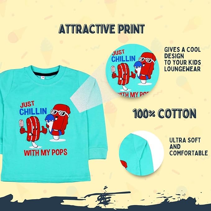 Sakuya Kids Cotton T -Shirt & Pant Set for Boys & Girls (Pack of 2)- Fun Cartoon Print Breathable Cotton Full Sleeve Unisex Kids Clothing Set - Nightwear coord Set-Blue