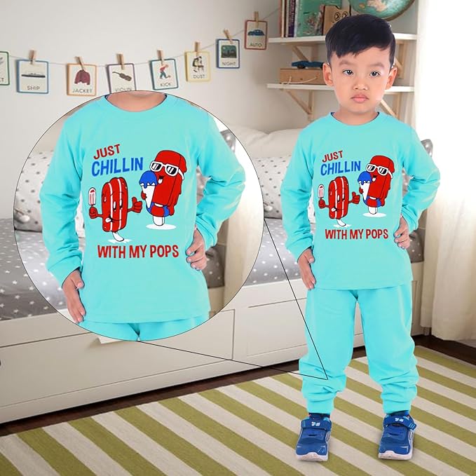 Sakuya Kids Cotton T -Shirt & Pant Set for Boys & Girls (Pack of 2)- Fun Cartoon Print Breathable Cotton Full Sleeve Unisex Kids Clothing Set - Nightwear coord Set-Blue