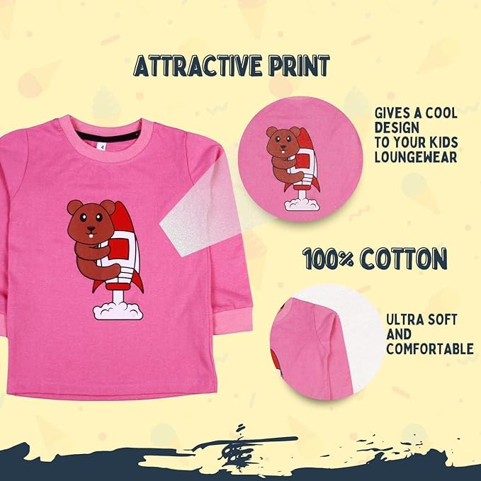 Sakuya Kids Cotton T -Shirt & Pant Set for Boys & Girls (Pack of 2)- Fun Cartoon Print Breathable Cotton Full Sleeve Unisex Kids Clothing Set - Nightwear coord Set-Pink