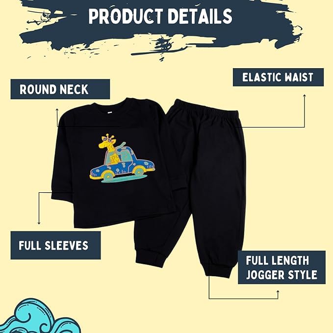 Sakuya Kids Cotton T -Shirt & Pant Set for Boys & Girls (Pack of 2)- Fun Cartoon Print Breathable Cotton Full Sleeve Unisex Kids Clothing Set - Nightwear coord Set-Black