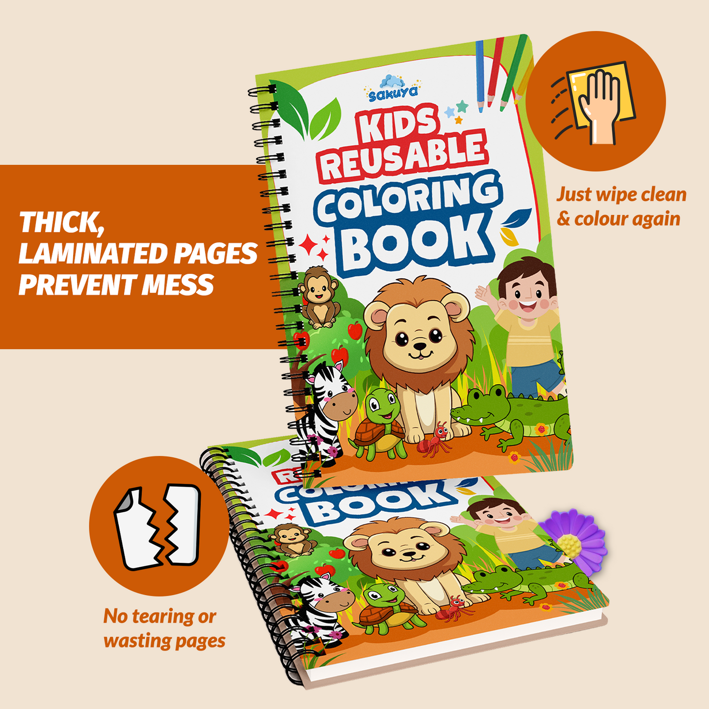Sakuya Reusable Coloring Book for Kids with Erasable Pages, Thick Laminated Activity Book for Endless Creativity, Ideal for Learning, Travel & Fun, Enhances Fine Motor Skills & Imagination