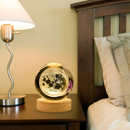 3D Crystal Moon Lamp with Wooden Base, Night Light Crystal Ball for Bedroom Decor, Cute Aesthetic Lamp, Perfect Gift Idea, Moon Lamp Crystal Ball Night Light for Kids & Adults