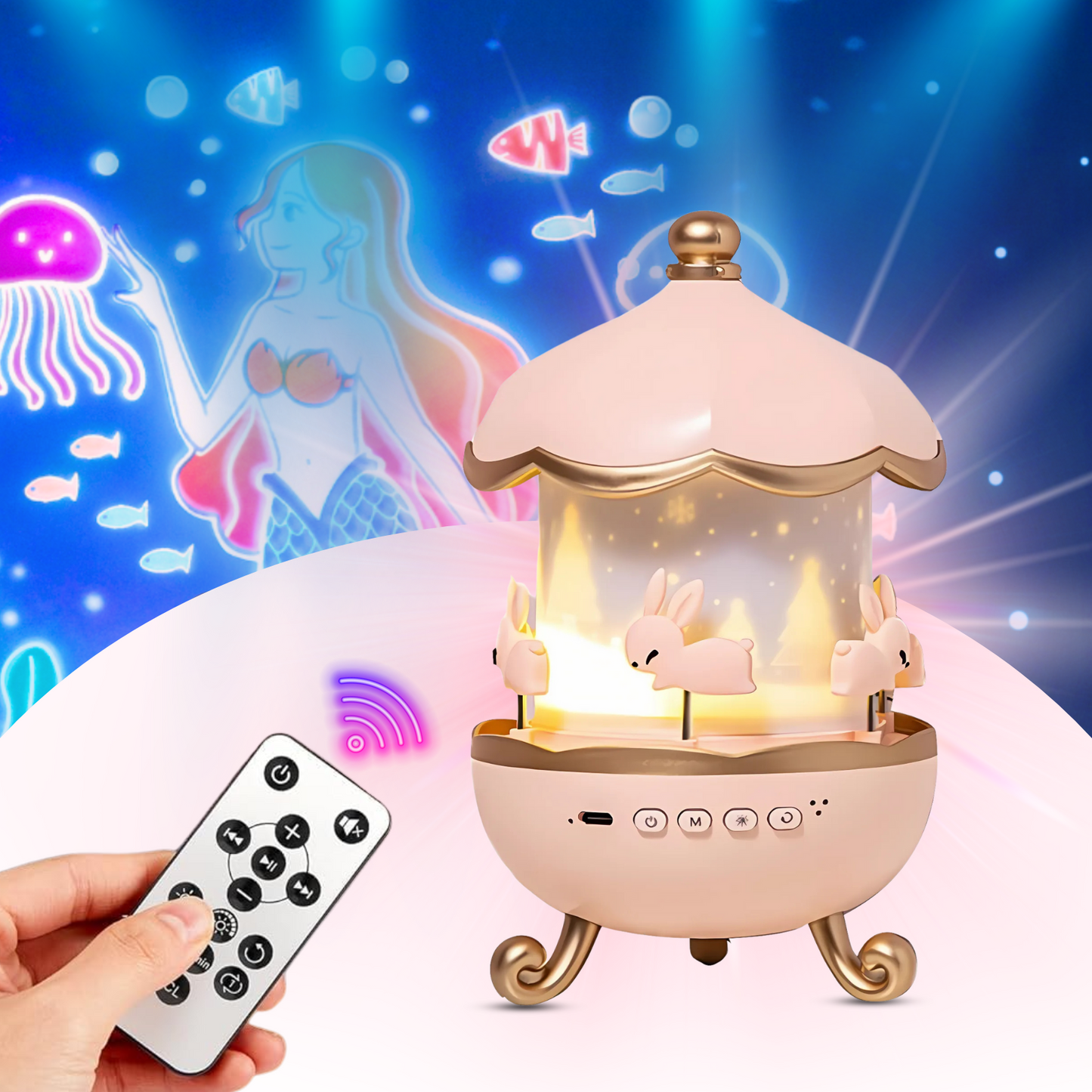 Rotating Projector Lamp with Music, 6 & 12 Theme Projections, 5 Soothing Sleep Melodies, Color-Changing Lights, Portable & Rechargeable Night Light for Kids & Adults
