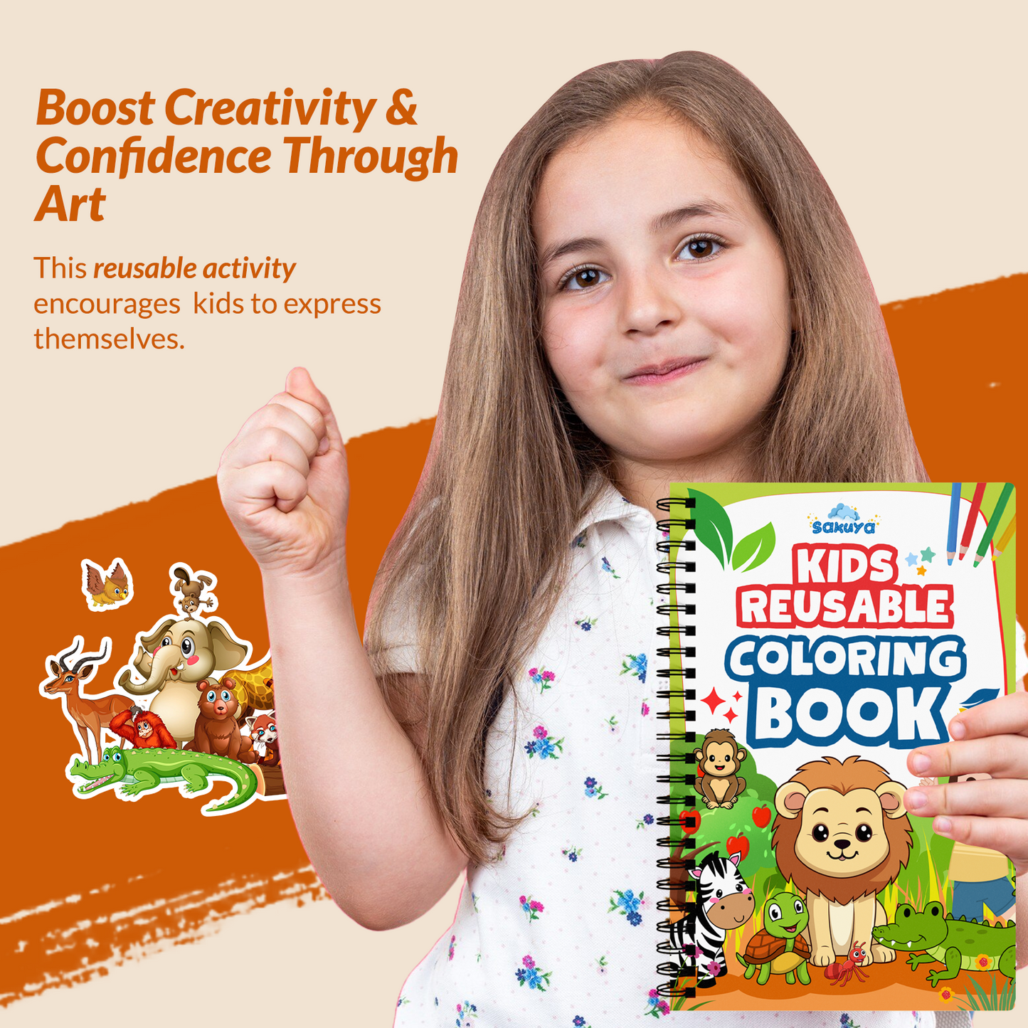 Sakuya Reusable Coloring Book for Kids with Erasable Pages, Thick Laminated Activity Book for Endless Creativity, Ideal for Learning, Travel & Fun, Enhances Fine Motor Skills & Imagination