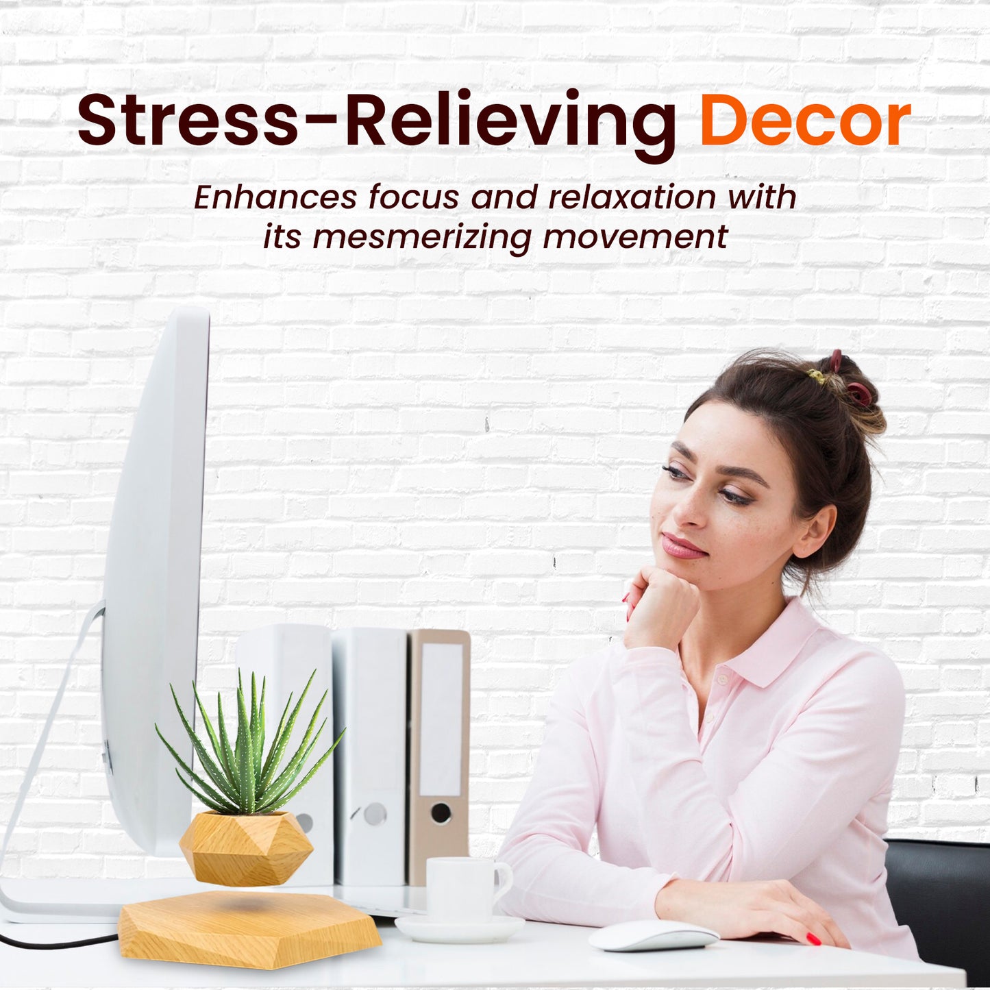 Sakuya Magnetic Levitating Plant Pot with Power Cord | Floating & Rotating Planter with Wooden Finish | Home & Office Decor | Unique Desk Ornament & Gift for Plant Lovers