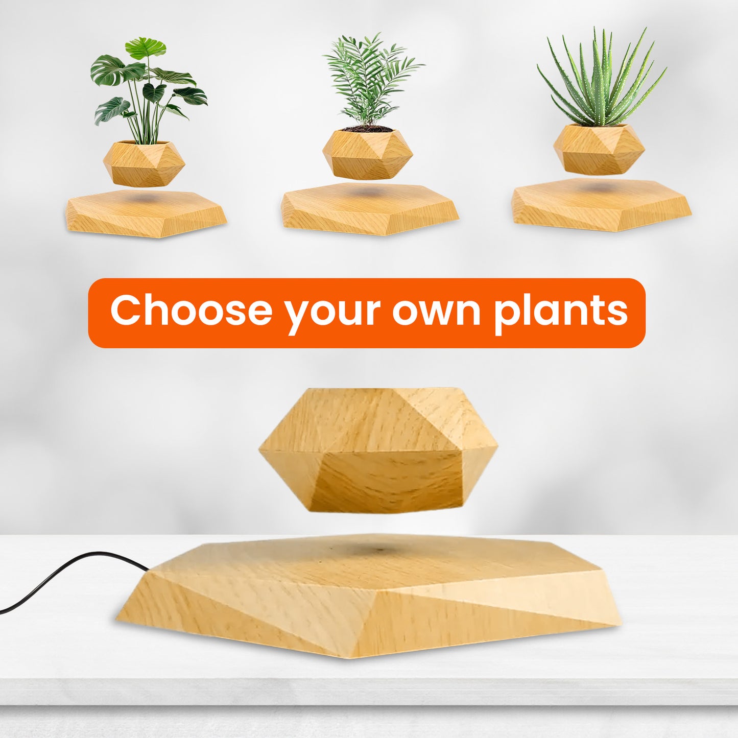 Sakuya Magnetic Levitating Plant Pot with Power Cord | Floating & Rotating Planter with Wooden Finish | Home & Office Decor | Unique Desk Ornament & Gift for Plant Lovers