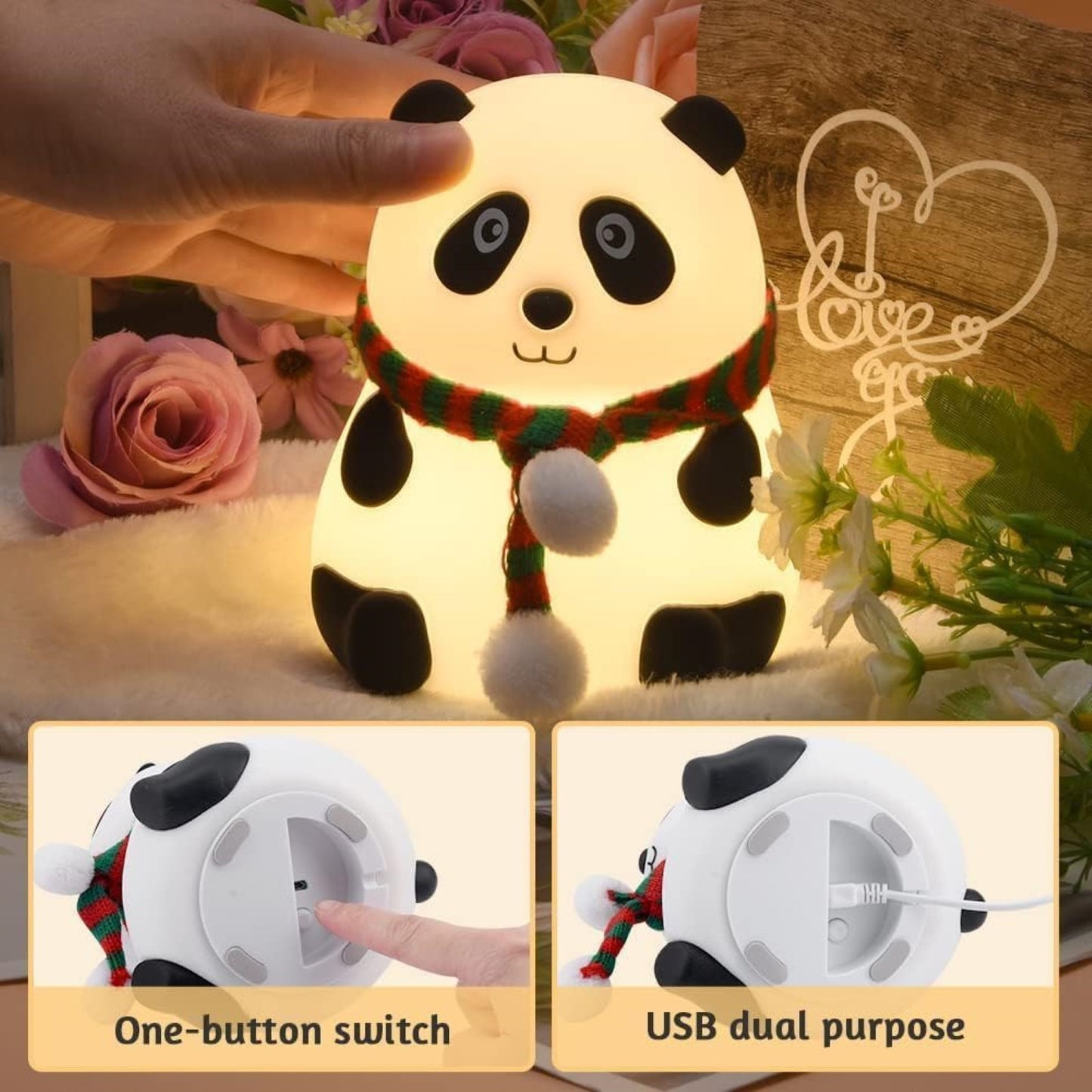 Panda Lamp - Cute Panda Silicone Night Lamp for Kids, Rechargeable Night Light for Bedroom, Animal Lamp for Kids Room, Soft Silicone Cute Lamps, Panda Gifts for Girls and Boys