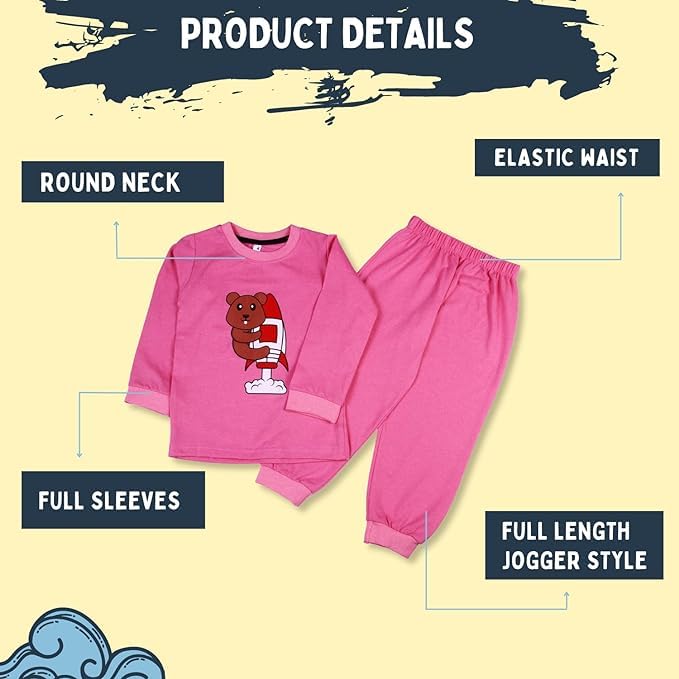 Sakuya Kids Cotton T -Shirt & Pant Set for Boys & Girls (Pack of 2)- Fun Cartoon Print Breathable Cotton Full Sleeve Unisex Kids Clothing Set - Nightwear coord Set-Pink