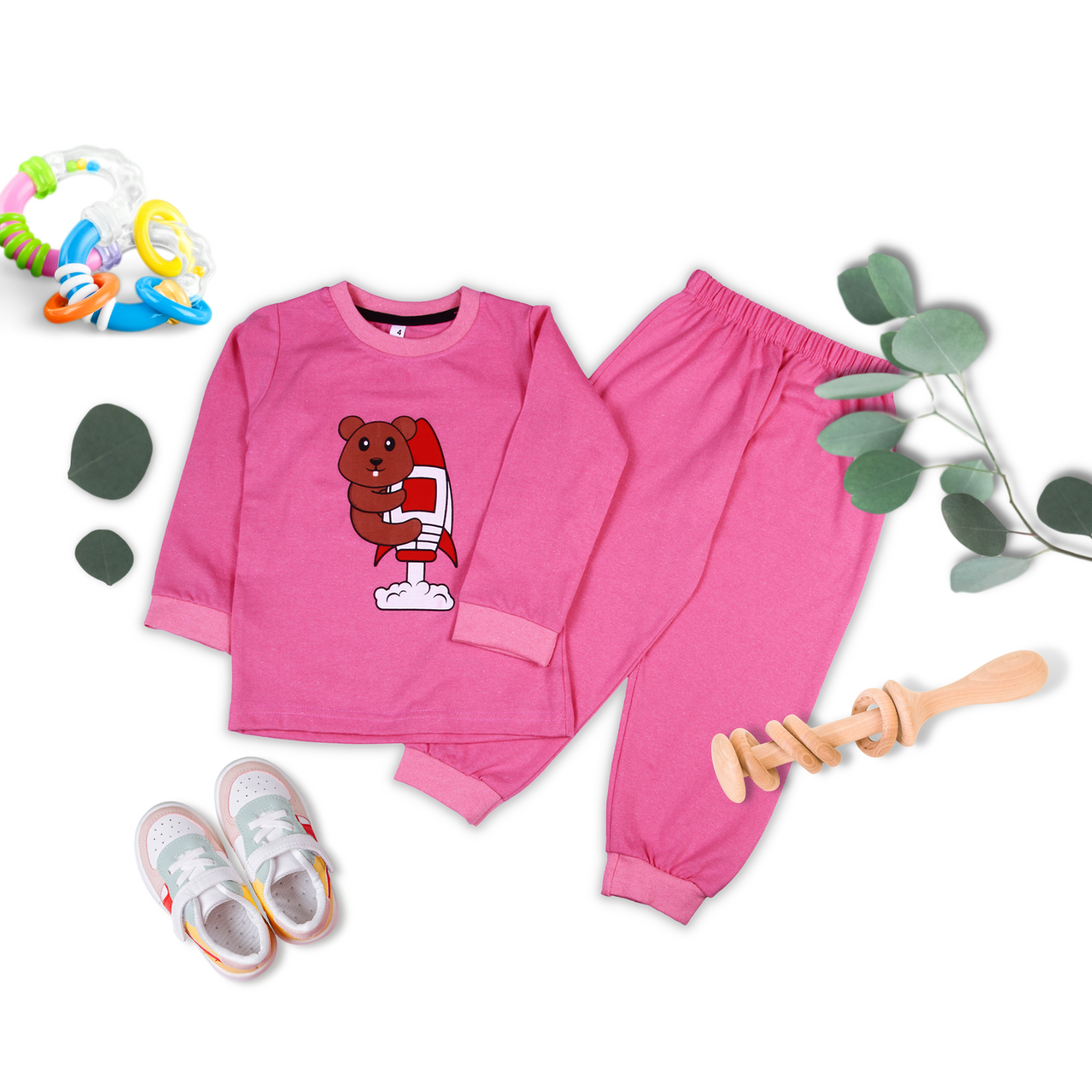 Sakuya Kids Clothing Set Night Suits Round Neck Full Sleeve T-Shirt & Pant Soft, Breathable 100% Cotton Sleepwear for Baby Boys & Girls - Pajamas Set | Unisex Kids Dress Sleepsuits Pack of 1, Pink