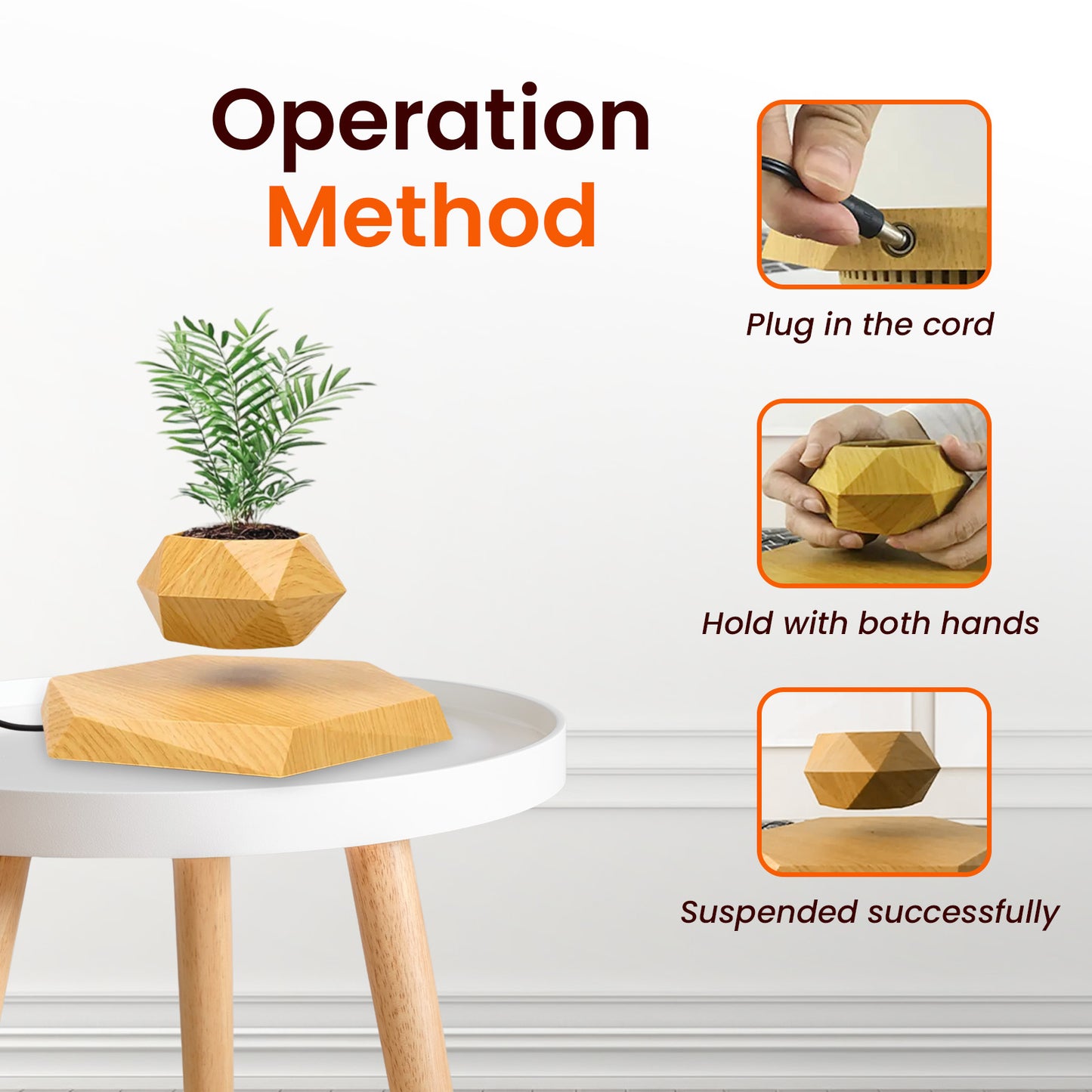 Sakuya Magnetic Levitating Plant Pot with Power Cord | Floating & Rotating Planter with Wooden Finish | Home & Office Decor | Unique Desk Ornament & Gift for Plant Lovers