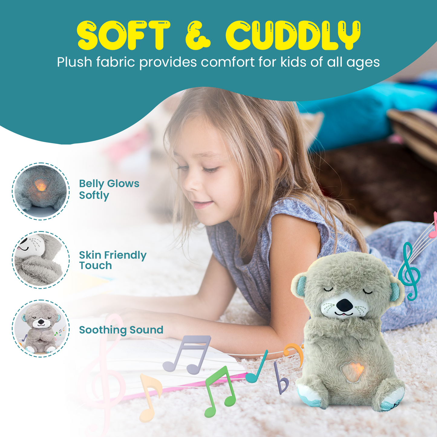 Sakuya's Breathing Teddy Bear with Music, Sound, Light for Baby Sensory Sleep Lights Rhythmic Soft Toy| Best Gift for Kids| size 30cms