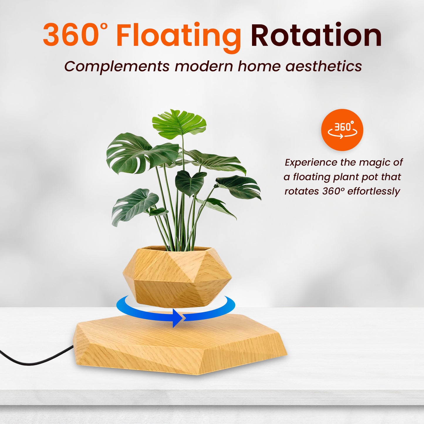 Sakuya Magnetic Levitating Plant Pot with Power Cord | Floating & Rotating Planter with Wooden Finish | Home & Office Decor | Unique Desk Ornament & Gift for Plant Lovers