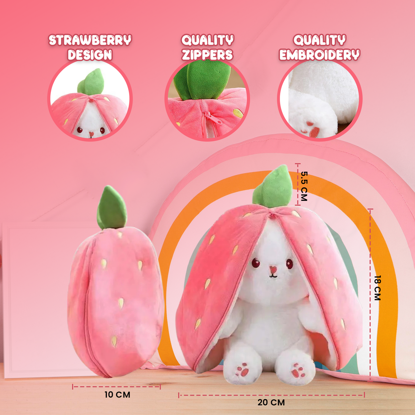 Reversible Strawberry - Carrot Bunny Soft Toy – Perfect Plush Toy for Girls, Cute Soft Toys for Baby Girl, Stuffed Rabbit Toy for Kids, Ideal Soft Toys for Newborn Baby and Gift for Girls