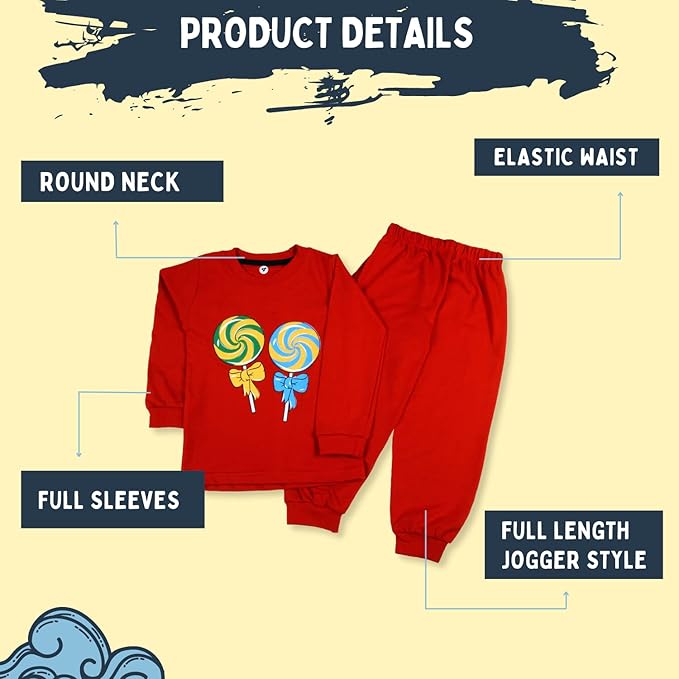 Sakuya Kids Clothing Set Night Suits Round Neck Full Sleeve T-Shirt & Pant Soft, Breathable 100% Cotton Sleepwear for Baby Boys & Girls - Pajamas Set | Unisex Kids Dress Sleepsuits Pack of 1, Red