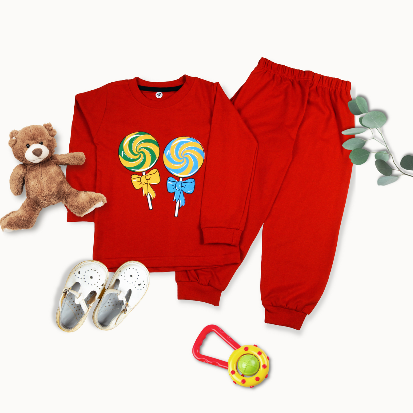 Sakuya Kids Clothing Set Night Suits Round Neck Full Sleeve T-Shirt & Pant Soft, Breathable 100% Cotton Sleepwear for Baby Boys & Girls - Pajamas Set | Unisex Kids Dress Sleepsuits Pack of 1, Red