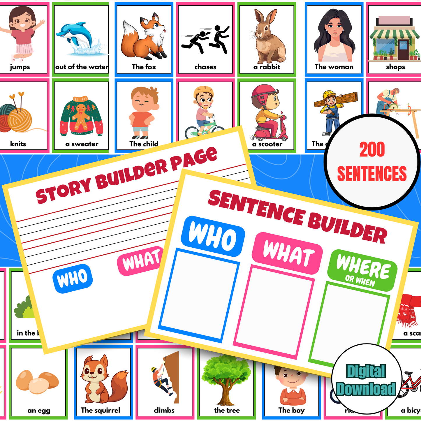 Printable 200-Sentence Builder Worksheets for Kids – Fun Writing Practice, Instant Download for Learning Book- Not a physical product
