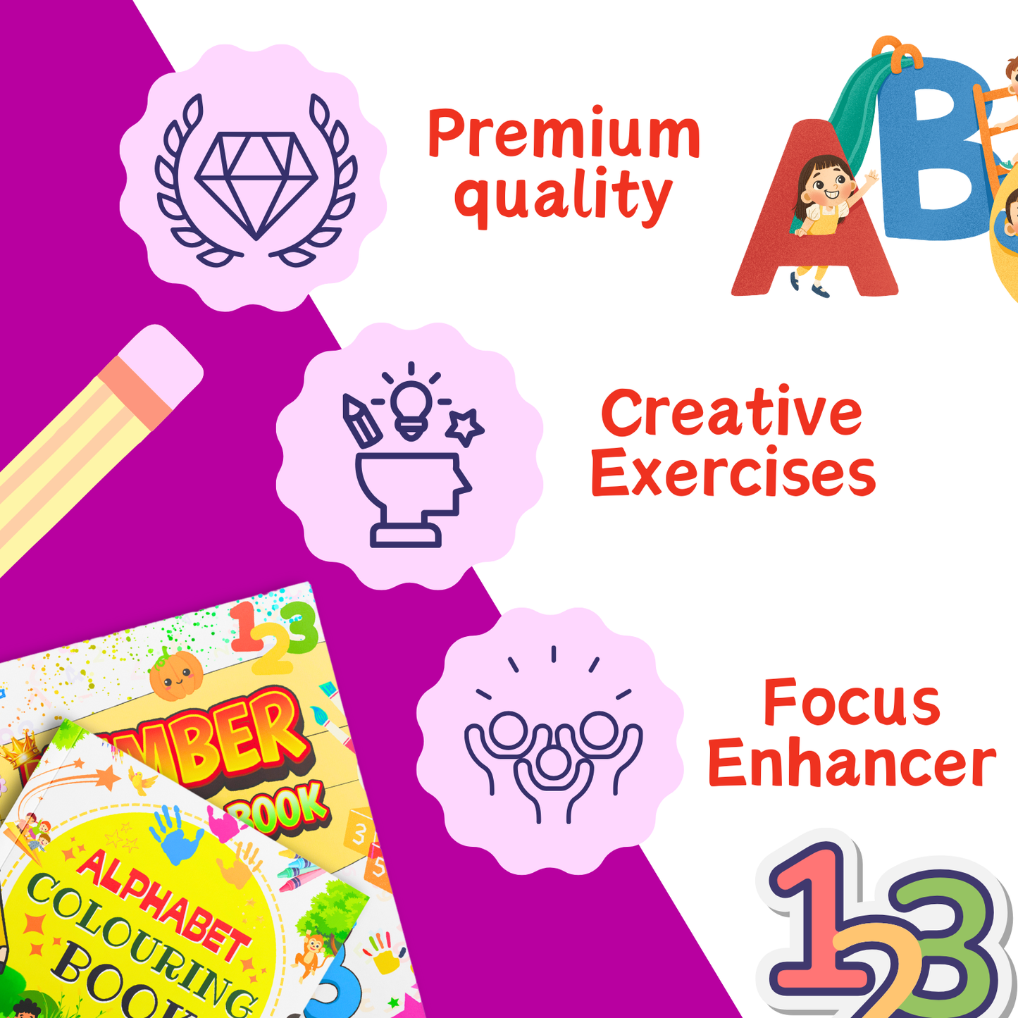 Sakuya Kids Colouring Book Set | Alphabet, Number & Animal Affirmation Colouring Books | Art and Activity Books for 3 to 12-Year-Olds | Kids Drawing Books & Colouring Kit