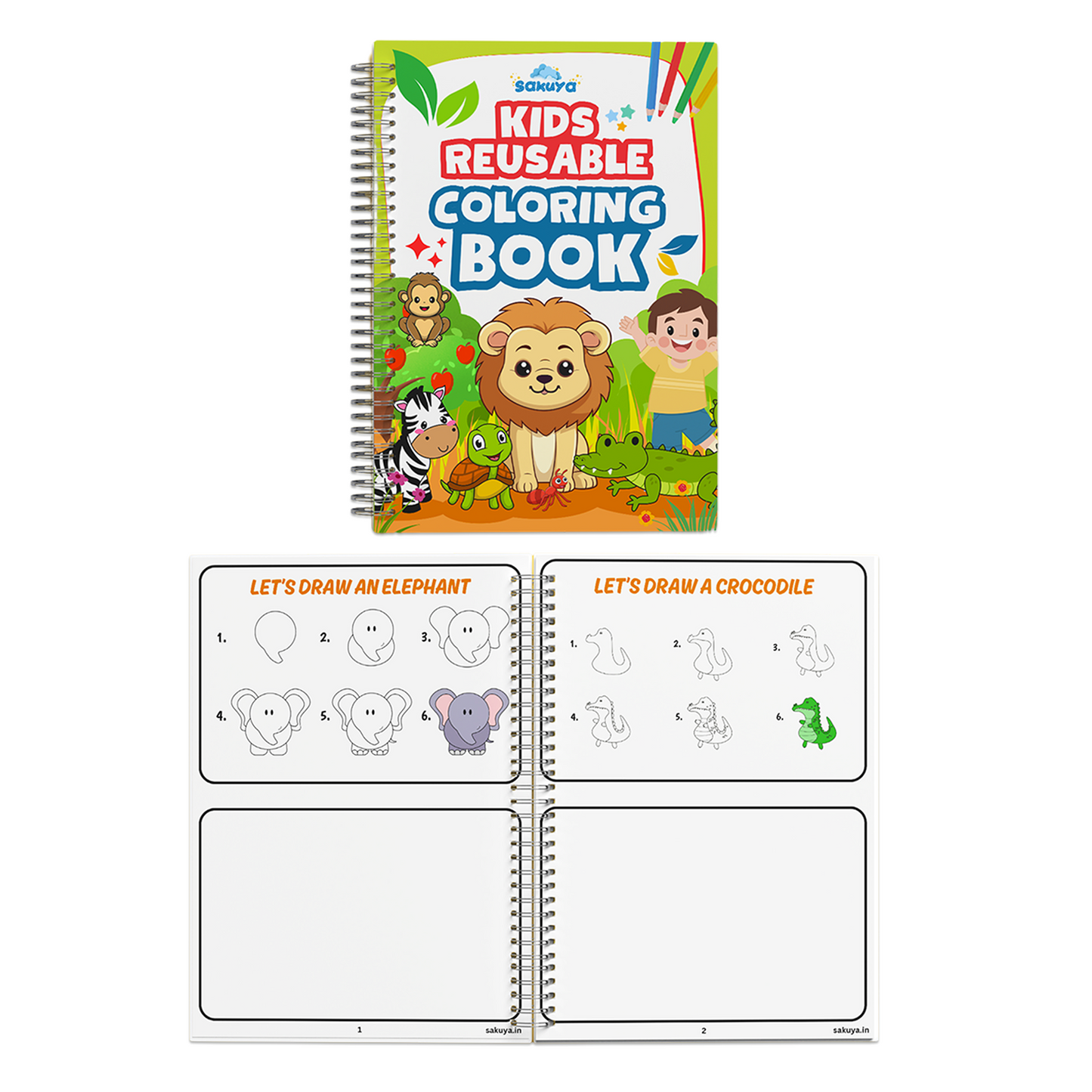 Sakuya Reusable Coloring Book for Kids with Erasable Pages, Thick Laminated Activity Book for Endless Creativity, Ideal for Learning, Travel & Fun, Enhances Fine Motor Skills & Imagination