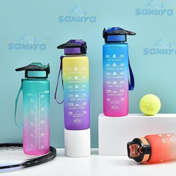 Sakuya Double Colored Drinking Water Bottle Motivational Leakproof with Timer Reminder Marks - Durable BPA free Unbreakable Gym Office School Outdoor Sipper Bottle - 1 litre - Sakuya