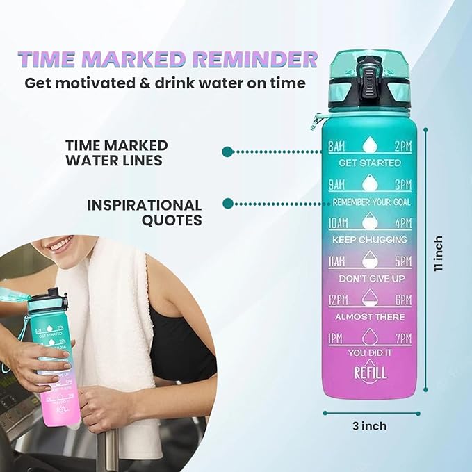 Sakuya Double Colored Drinking Water Bottle Motivational Leakproof with Timer Reminder Marks - Durable BPA free Unbreakable Gym Office School Outdoor Sipper Bottle - 1 litre - Sakuya