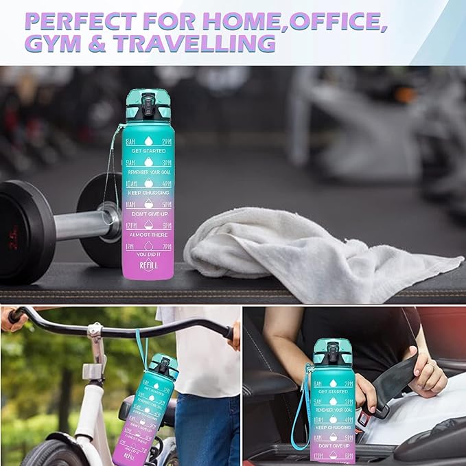 Sakuya Double Colored Drinking Water Bottle Motivational Leakproof with Timer Reminder Marks - Durable BPA free Unbreakable Gym Office School Outdoor Sipper Bottle - 1 litre - Sakuya