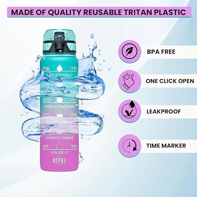 Sakuya Double Colored Drinking Water Bottle Motivational Leakproof with Timer Reminder Marks - Durable BPA free Unbreakable Gym Office School Outdoor Sipper Bottle - 1 litre - Sakuya