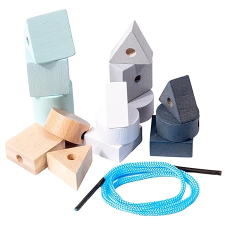 Sakuya Lacing Beads Wooden Educational Montessori Toys 15 Pieces - 5 Colors 3 Shapes - Toddler Preschool Toys, Non Toxic Panit - Easy to String - Suitable for Kids Birthday Gifts,Party Gifts