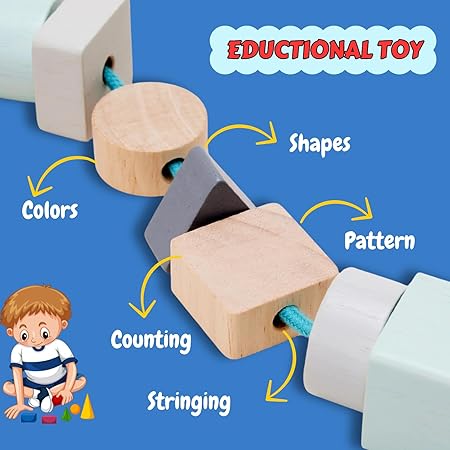 Sakuya Lacing Beads Wooden Educational Montessori Toys 15 Pieces - 5 Colors 3 Shapes - Toddler Preschool Toys, Non Toxic Panit - Easy to String - Suitable for Kids Birthday Gifts,Party Gifts