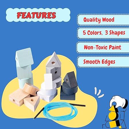Sakuya Lacing Beads Wooden Educational Montessori Toys 15 Pieces - 5 Colors 3 Shapes - Toddler Preschool Toys, Non Toxic Panit - Easy to String - Suitable for Kids Birthday Gifts,Party Gifts