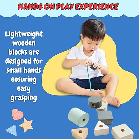 Sakuya Lacing Beads Wooden Educational Montessori Toys 15 Pieces - 5 Colors 3 Shapes - Toddler Preschool Toys, Non Toxic Panit - Easy to String - Suitable for Kids Birthday Gifts,Party Gifts
