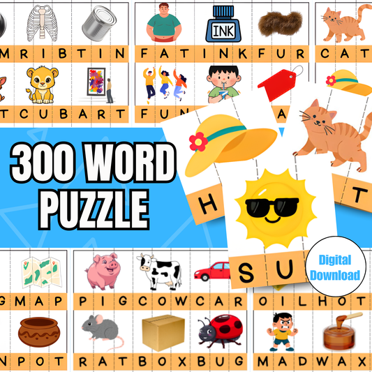 Sakuya 300 Word Puzzle Printable for Kids Preschool Worksheets Reading Spelling Kindergarten Homeschool Learning Activity Digital PDF
