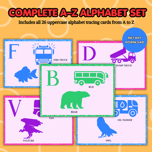 Sakuya Complete A-Z Alphabet Set Printable Kids Book 26 Uppercase Alphabet Learning Cards A to Z Tracing Cards Preschool Activity Digital Download