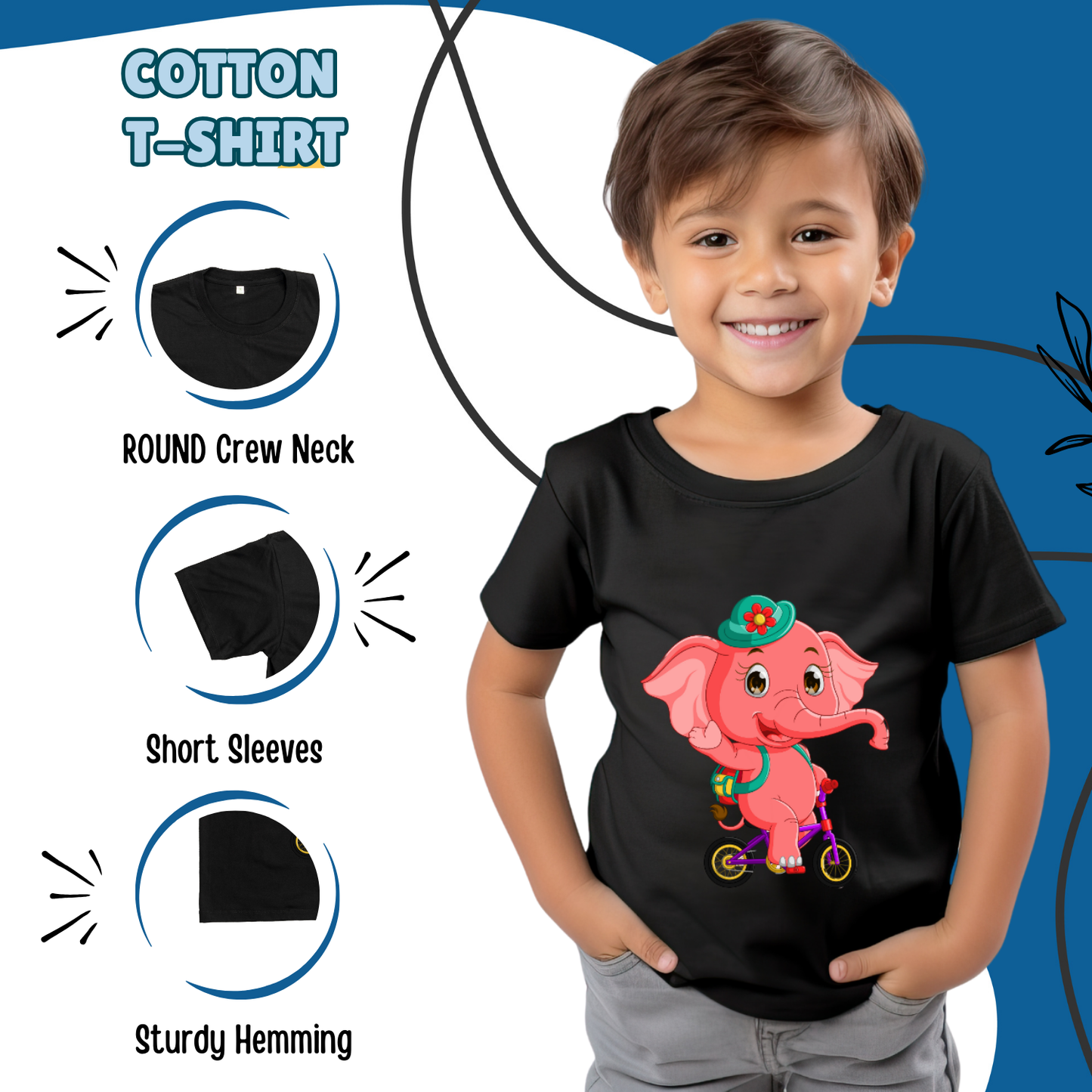 Sakuya Kids T-Shirt Regular Fit Unisex Cotton Dress with Attractive Elephant Print| Half Sleeves - Perfect for Boys & Girls| Black - Sakuya